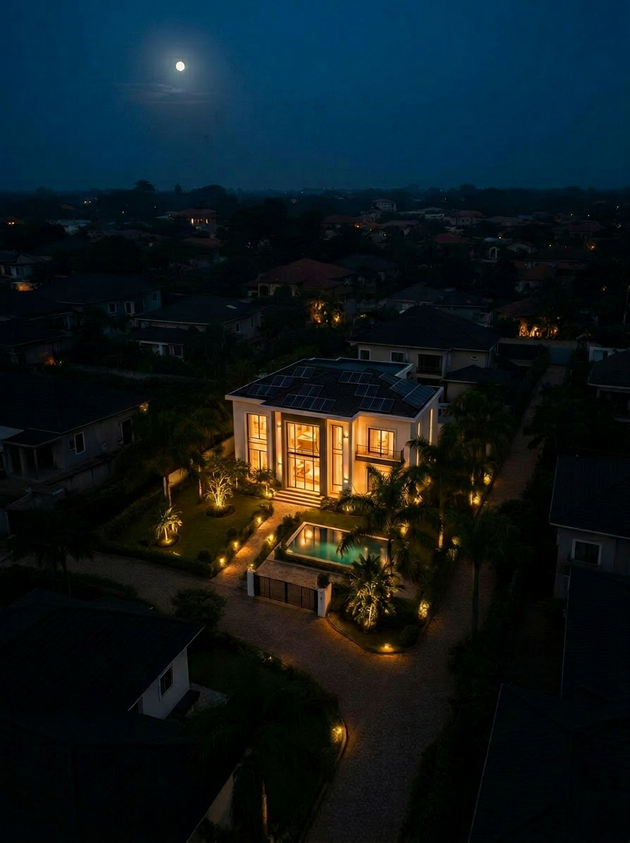 Luxury Ghanaian villa fully lit at night while neighboring homes sit in darkness during an outage
